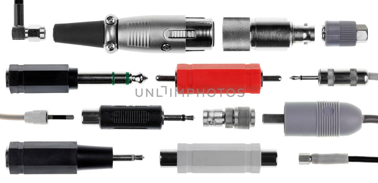 Collection of electrical connectors on white background