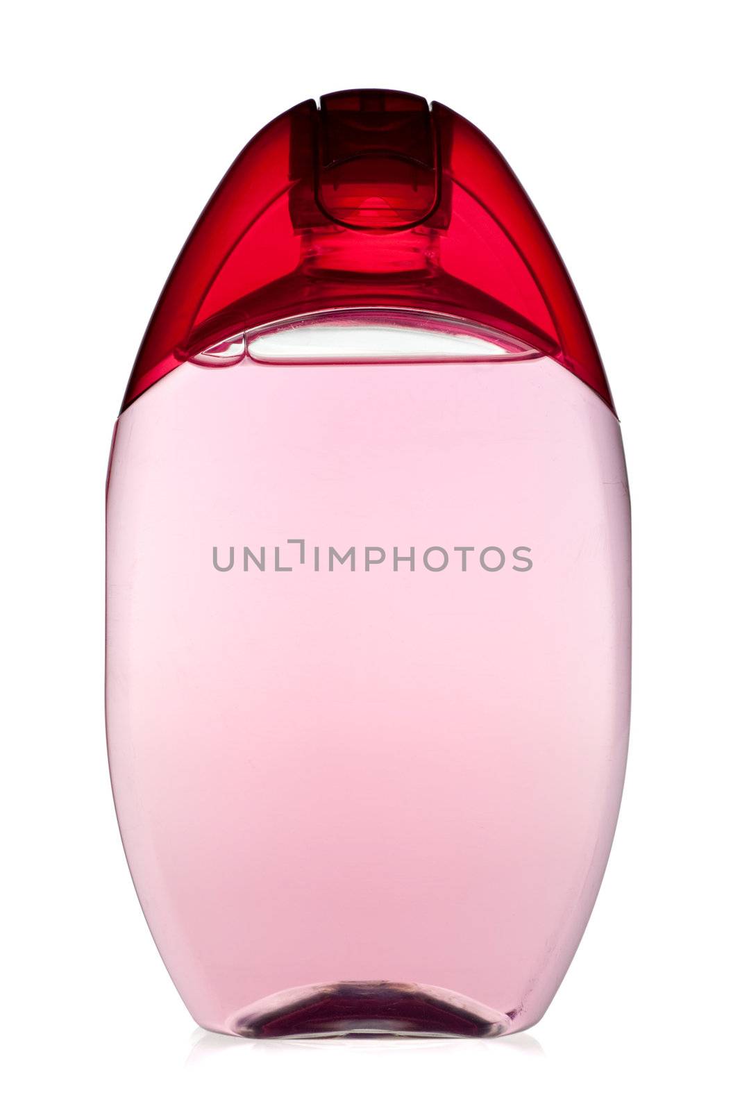 Crimson transparent shampoo bottle on white background