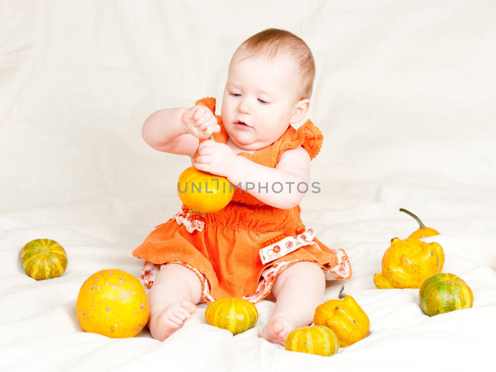 Little baby girl playing with pumpkins