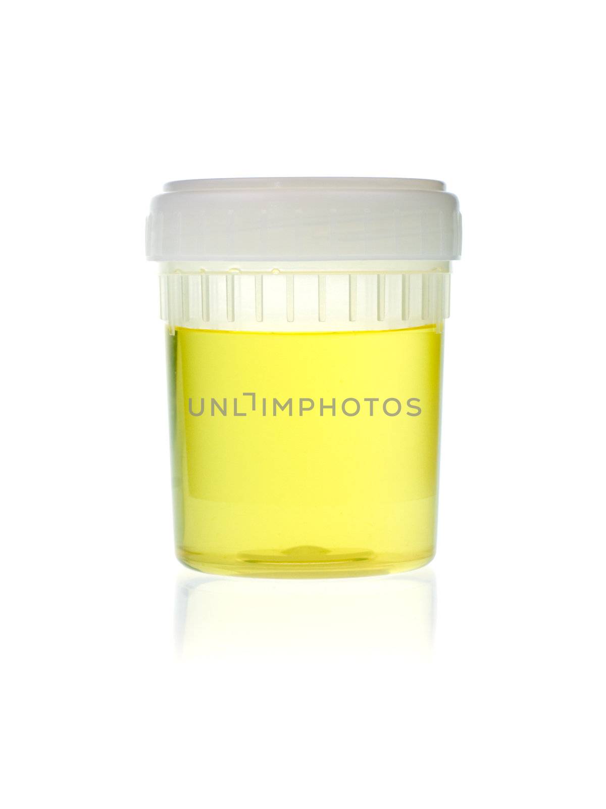Urine sample in container on white background