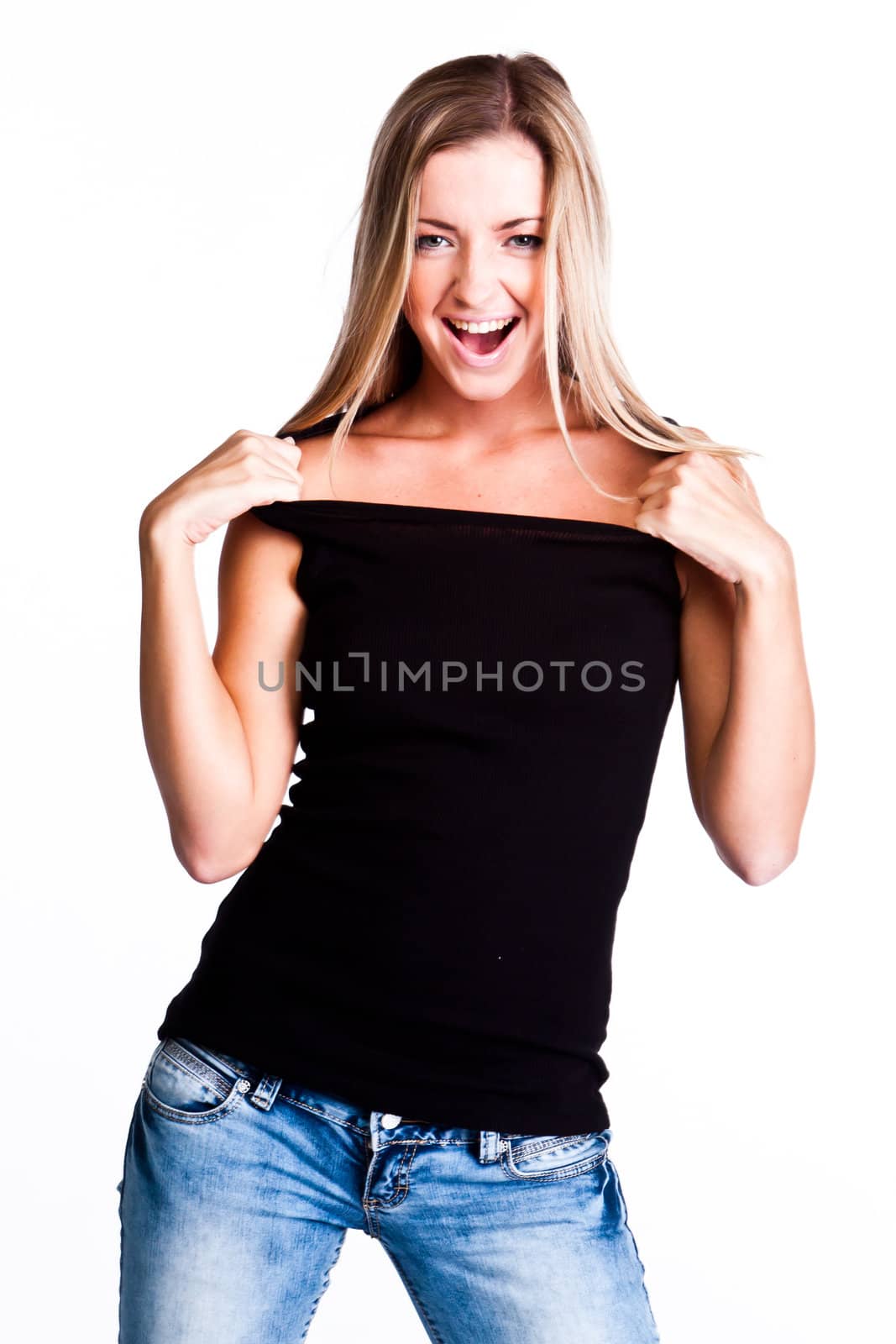 Young, beautiful and happy woman in a black shirt and blue jeans