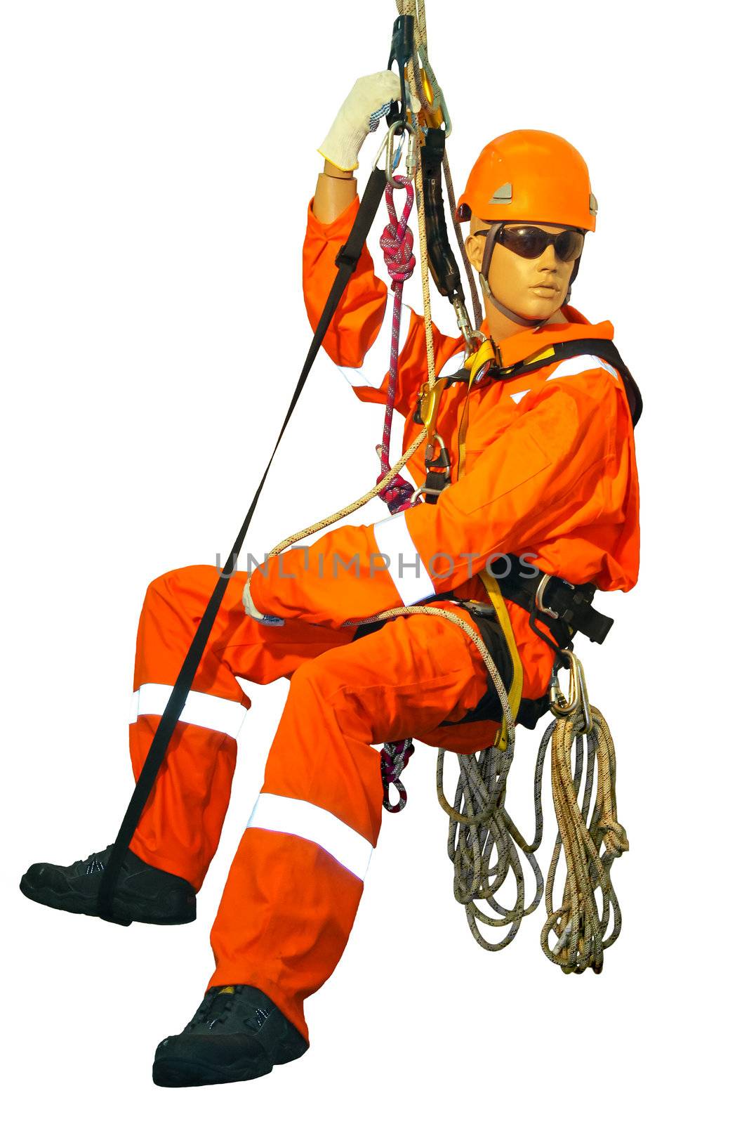 Mannequin in overalls steeplejack on a white background