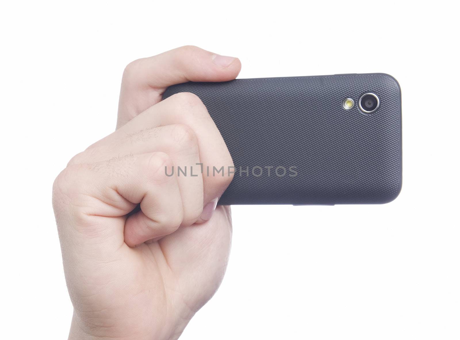 male hand taking photo with mobile smart phone isolated on white background