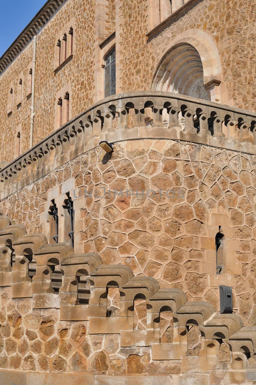detailed stone wall with stairs of old medieval church in Barcelona