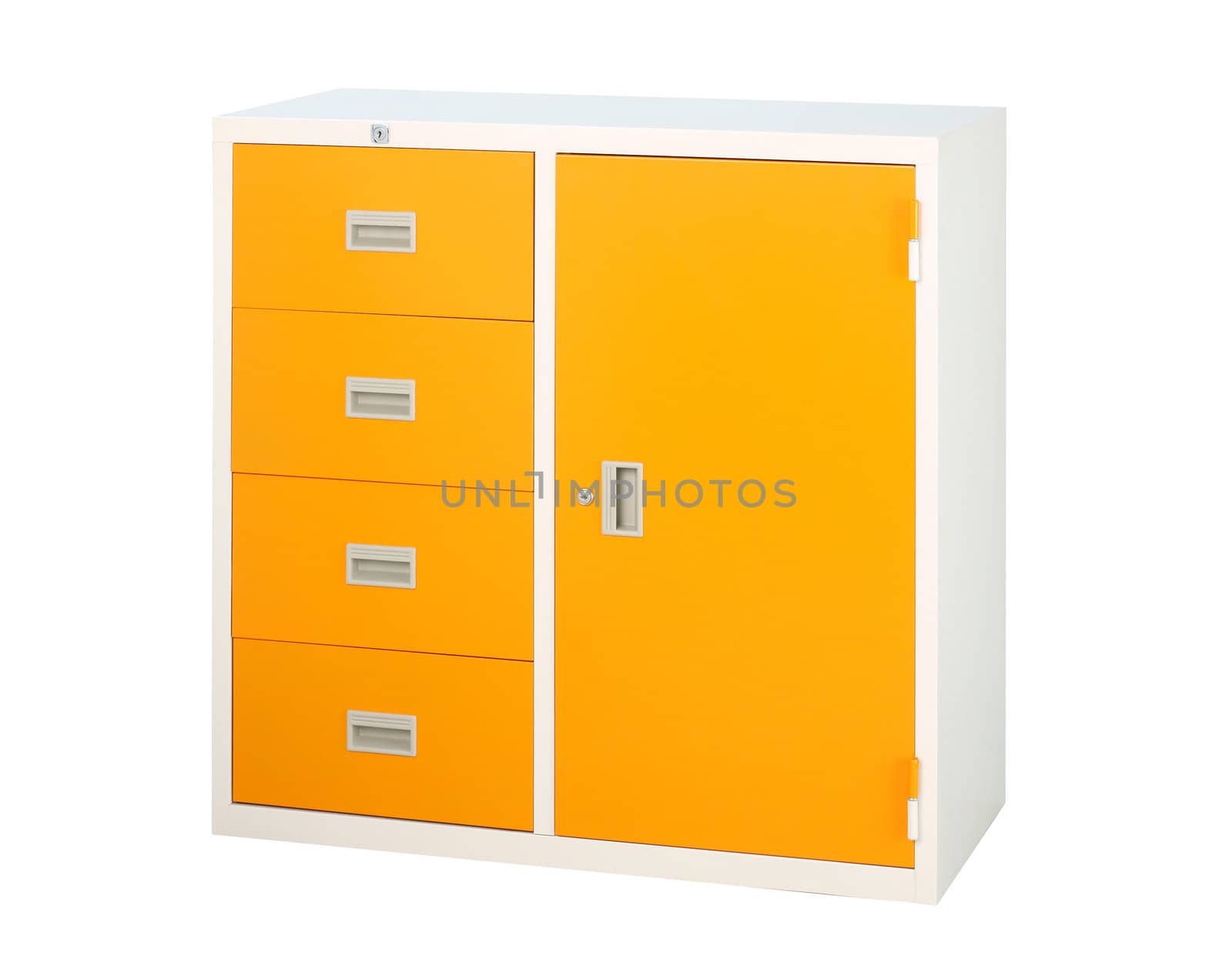 Cabinet in orange color with drawers and shelf