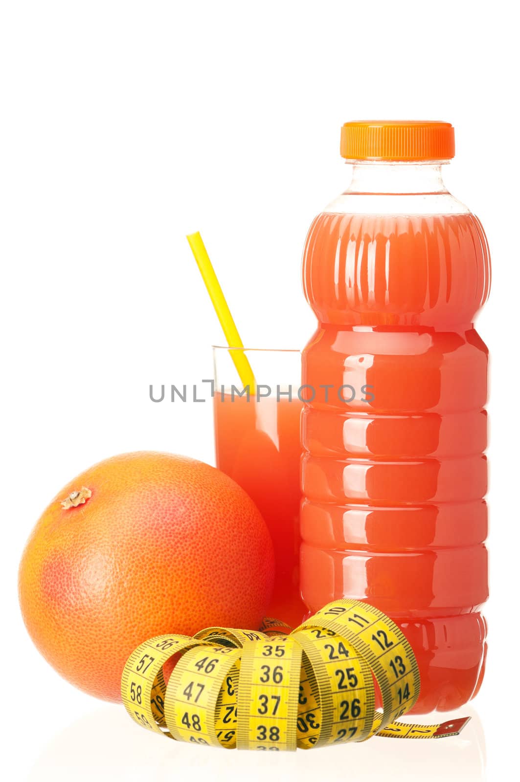 Fresh grapefruit juice with measure tape and grapefruit fruits on white background