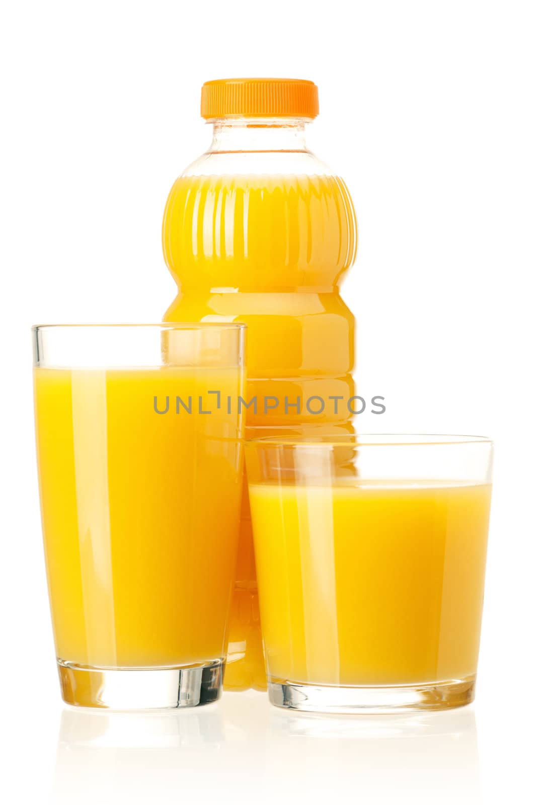 Orange juice in plastic bottle and glass on white background