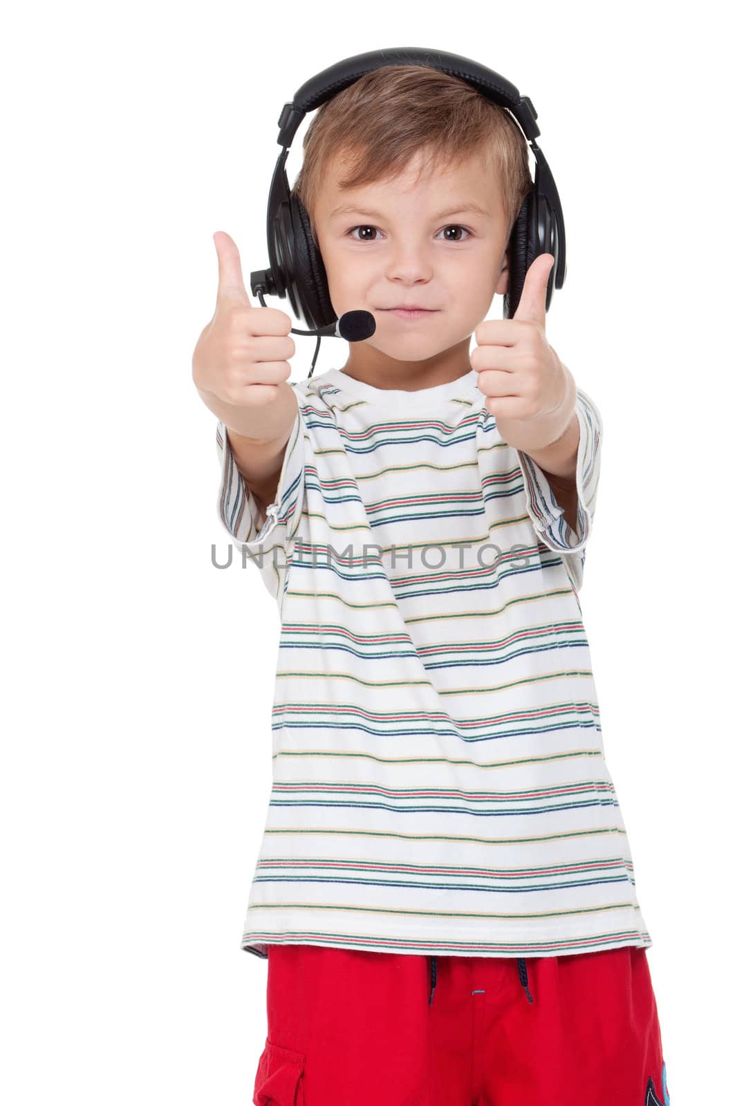 Little boy with headphones - isolated on white background