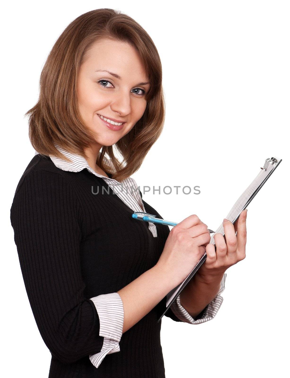Portrait of a beautiful caucasian businesswoman with folder and pen