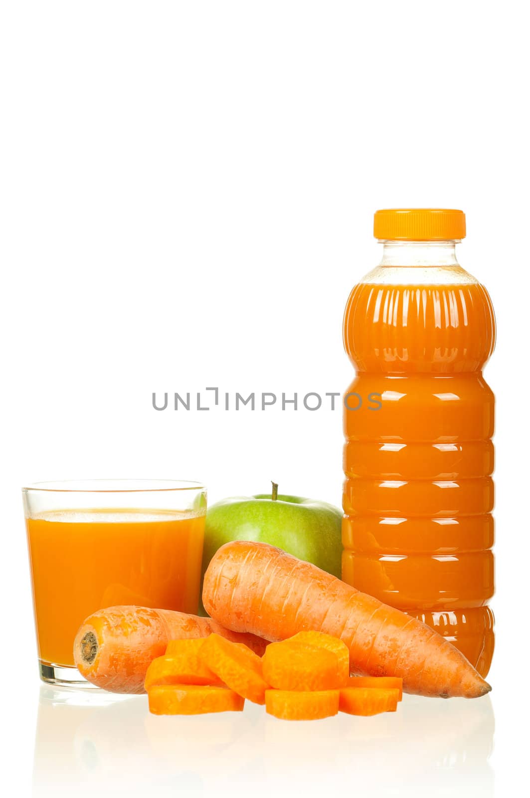 Fresh carrot and apple juice isolated on white background