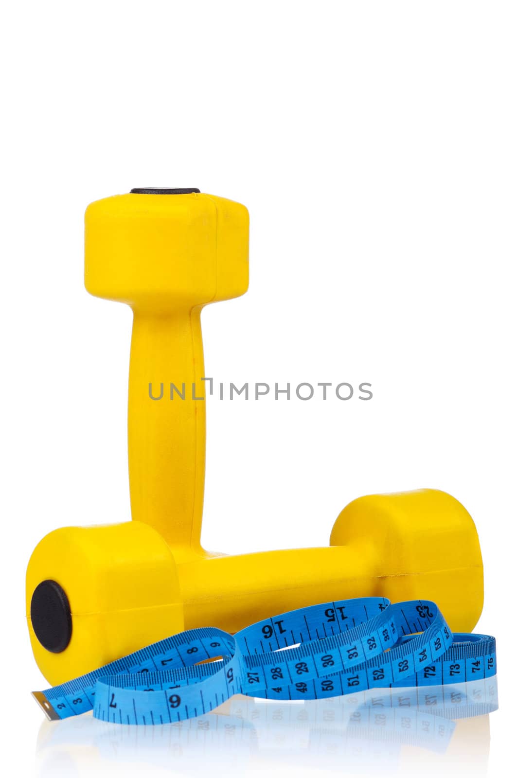 Yellow one kilogram dumbbells with measuring tape isolated on white background