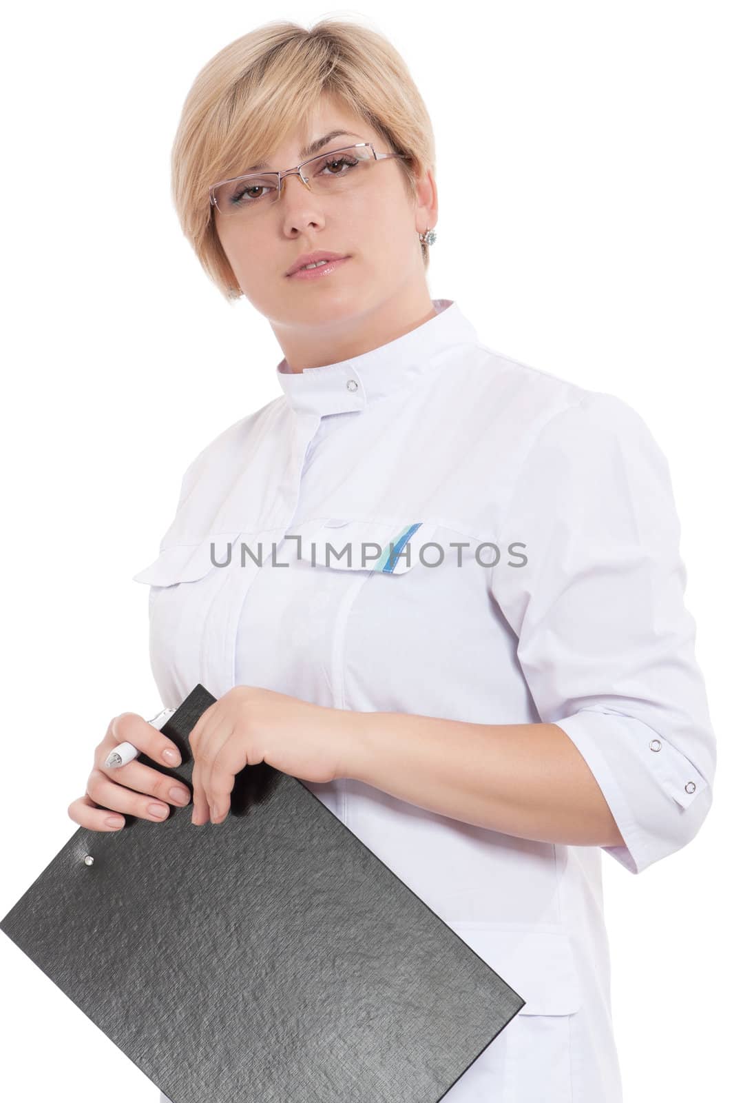 Portrait of smiling female doctor holding a clipboard - isolated over a white background