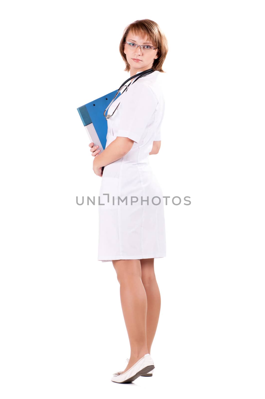 Female doctor with stethoscope holding a clipboard - isolated over a white background