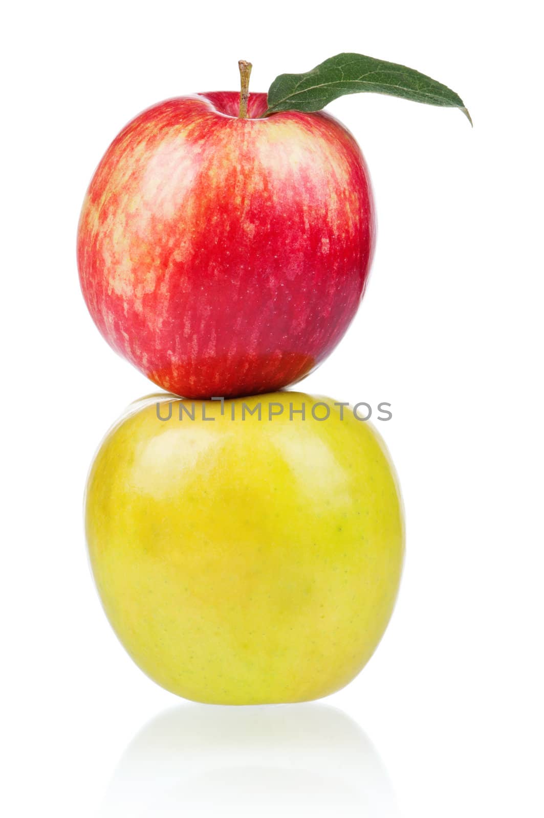 Fresh ripe red and yellow apples on white background