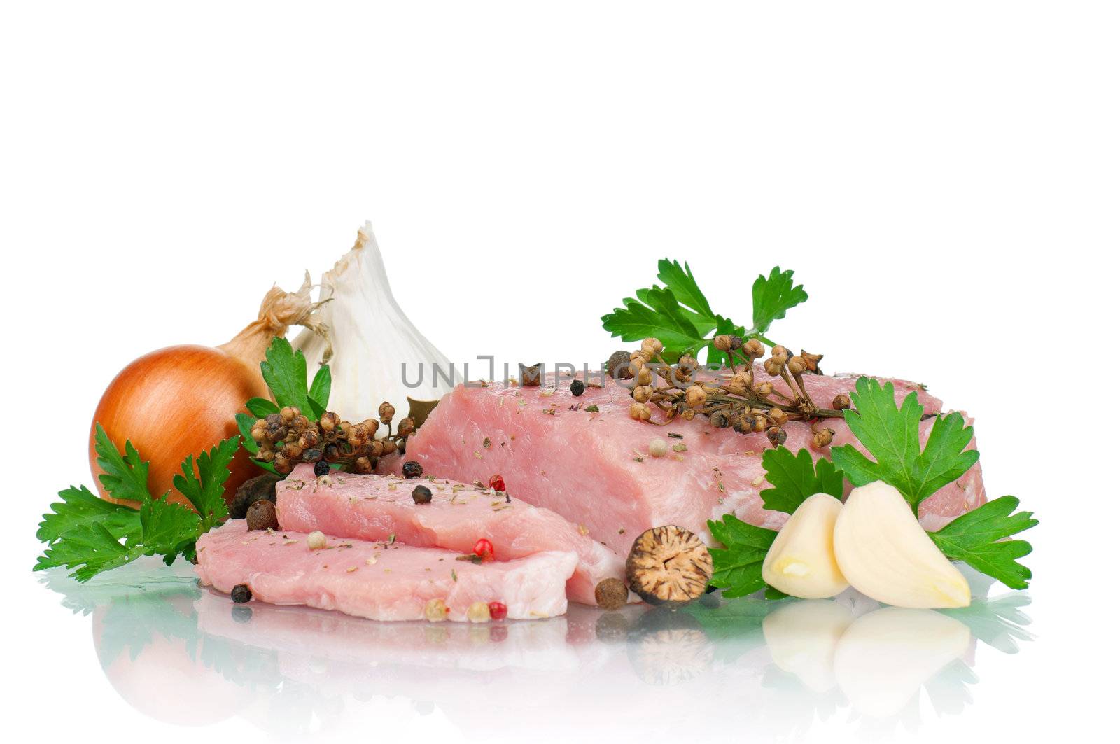 Fresh vegetables and meat on white background