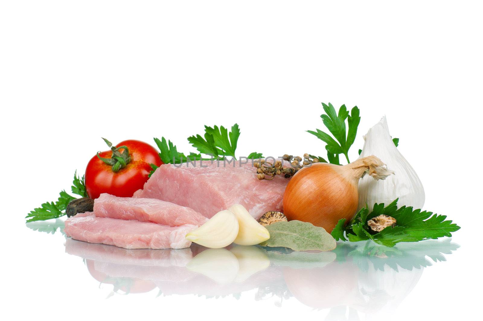 Fresh vegetables and meat on white background