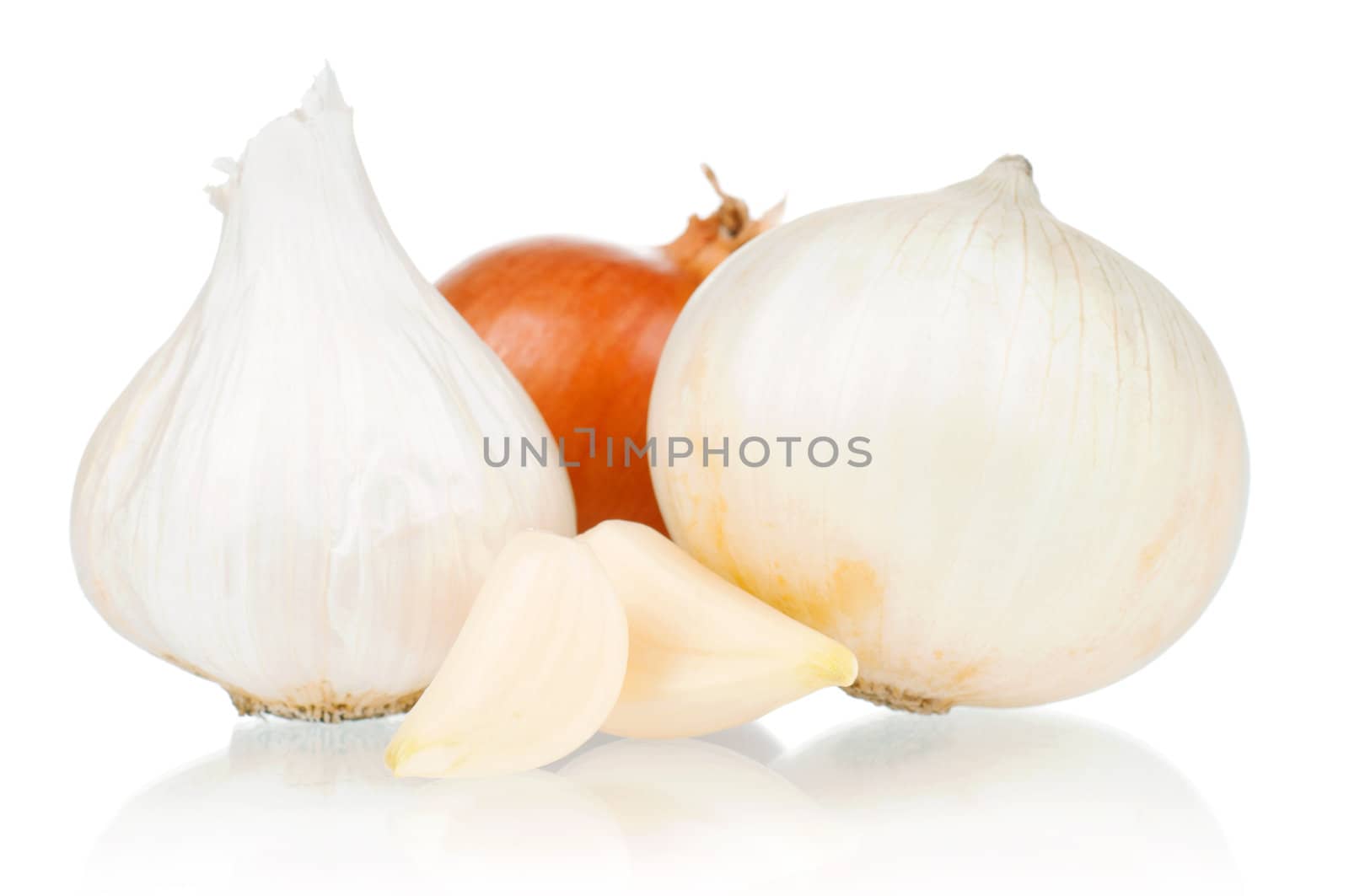 Fresh vegetables on white background - garlic, onion