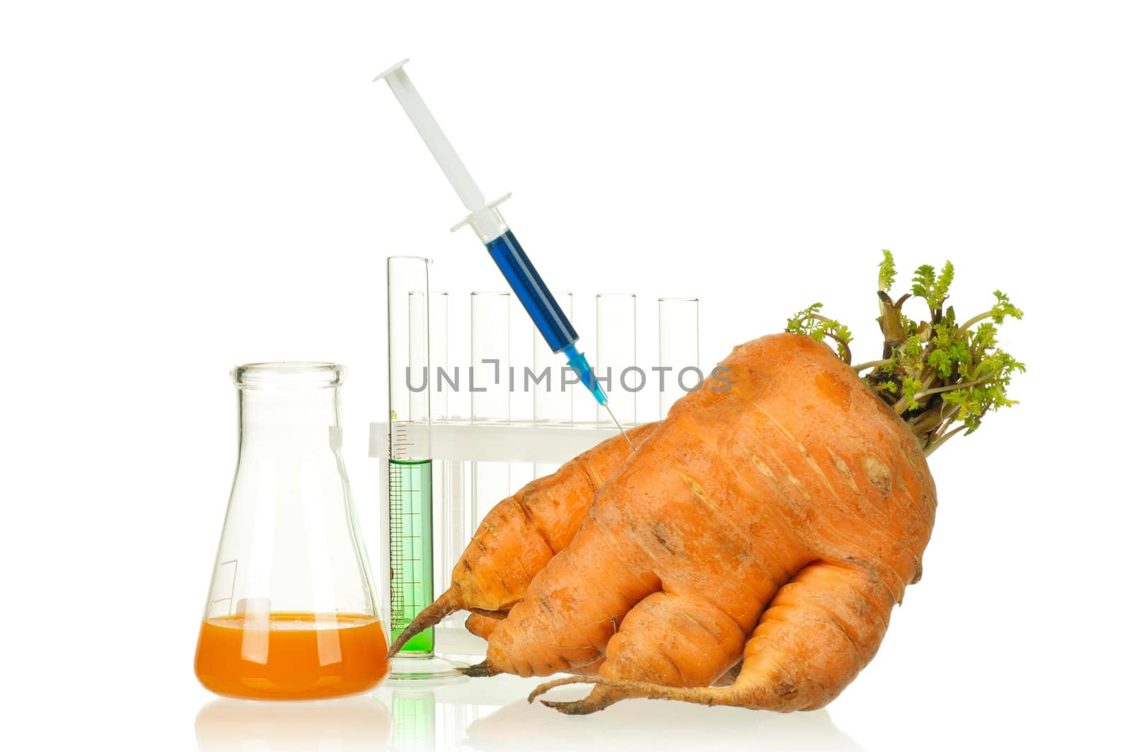 Genetically modified organism - ripe carrot with syringes and laboratory glassware on white background