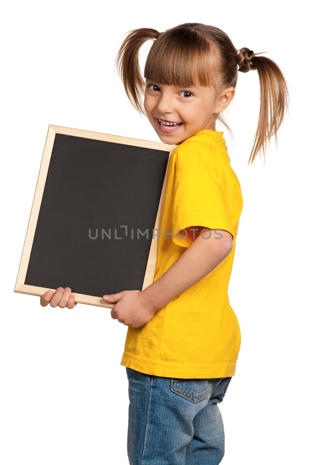 Portrait of little girl with blackboard isolated on white background