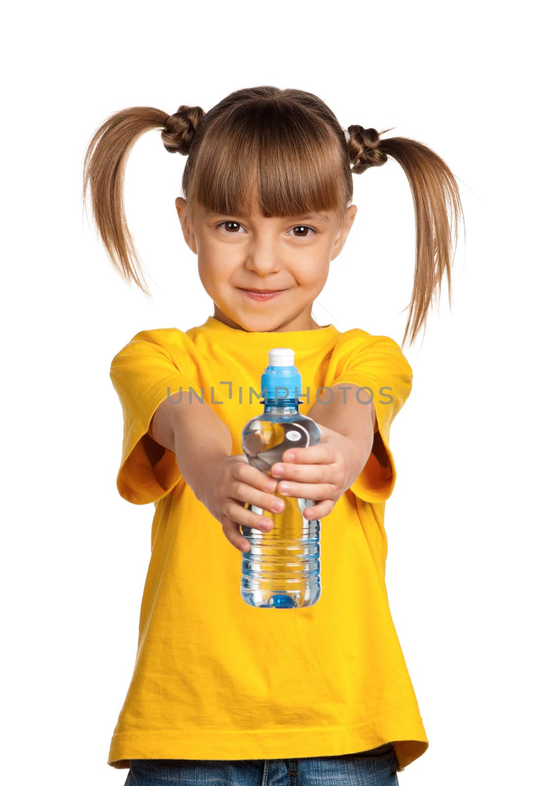 Portrait of happy little girl with water from plastic bottle isolated on white background