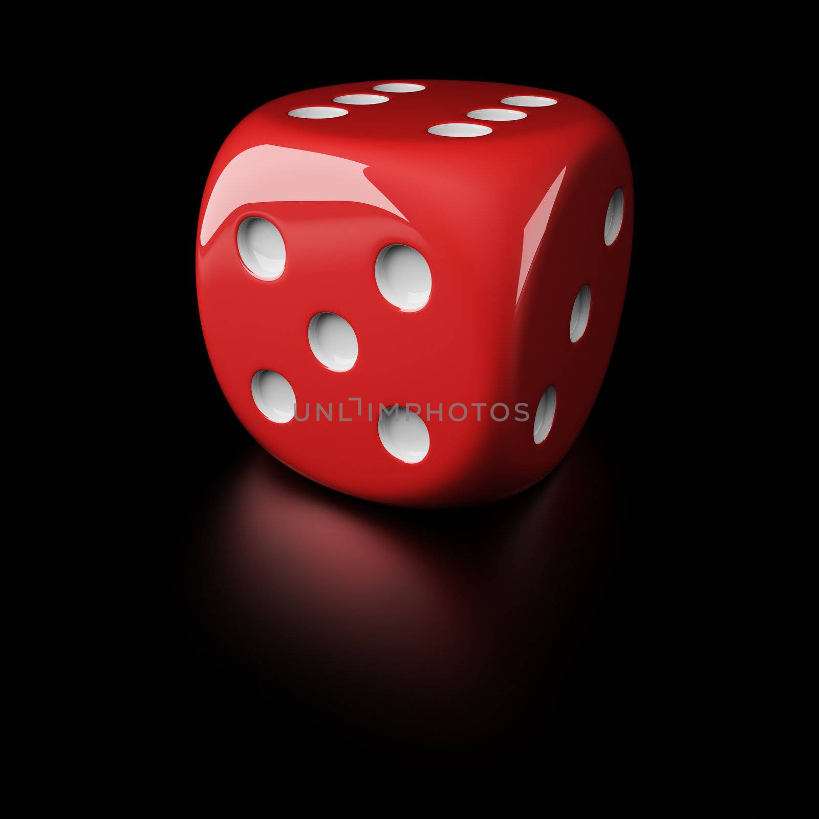 6-sided die with pips on the black background