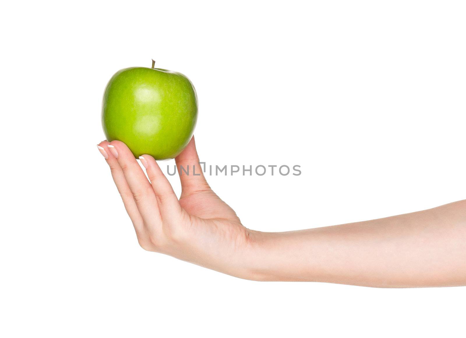 Woman hand with green apple isolated on white background