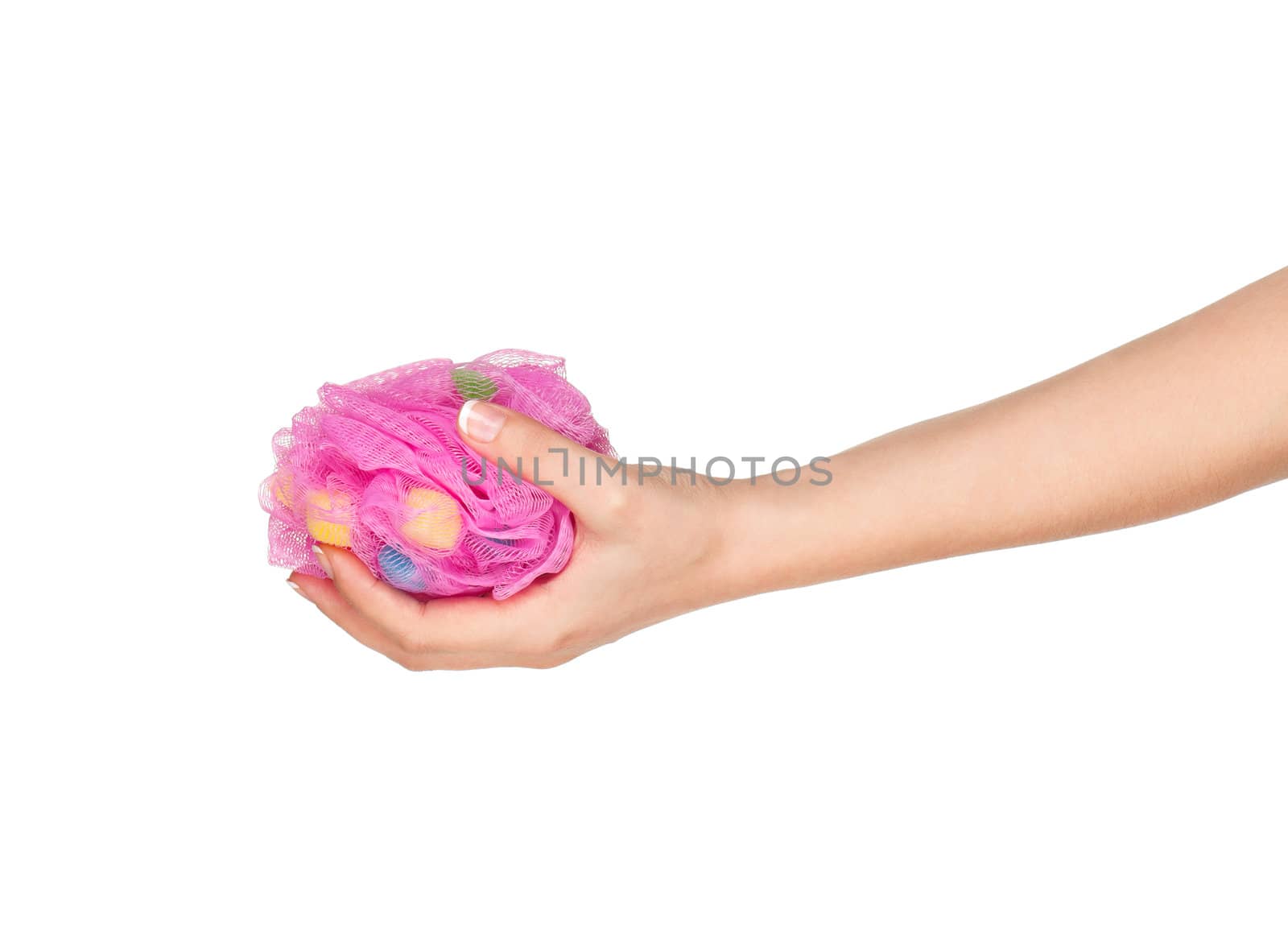 Woman hand with bath sponge isolated on white background