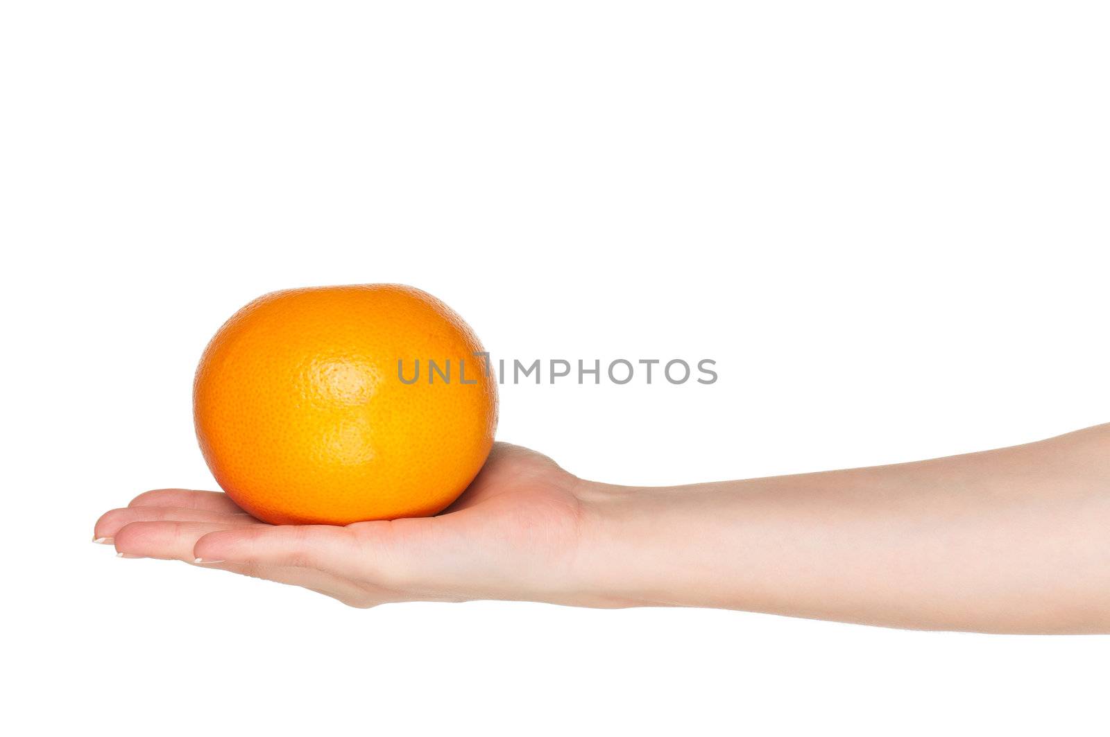 Woman hand with grapefruit isolated on white background