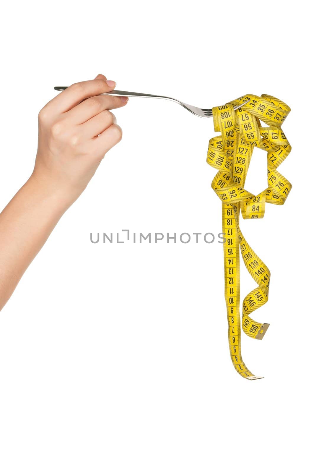 Woman hand with fork and measure tape isolated on white background