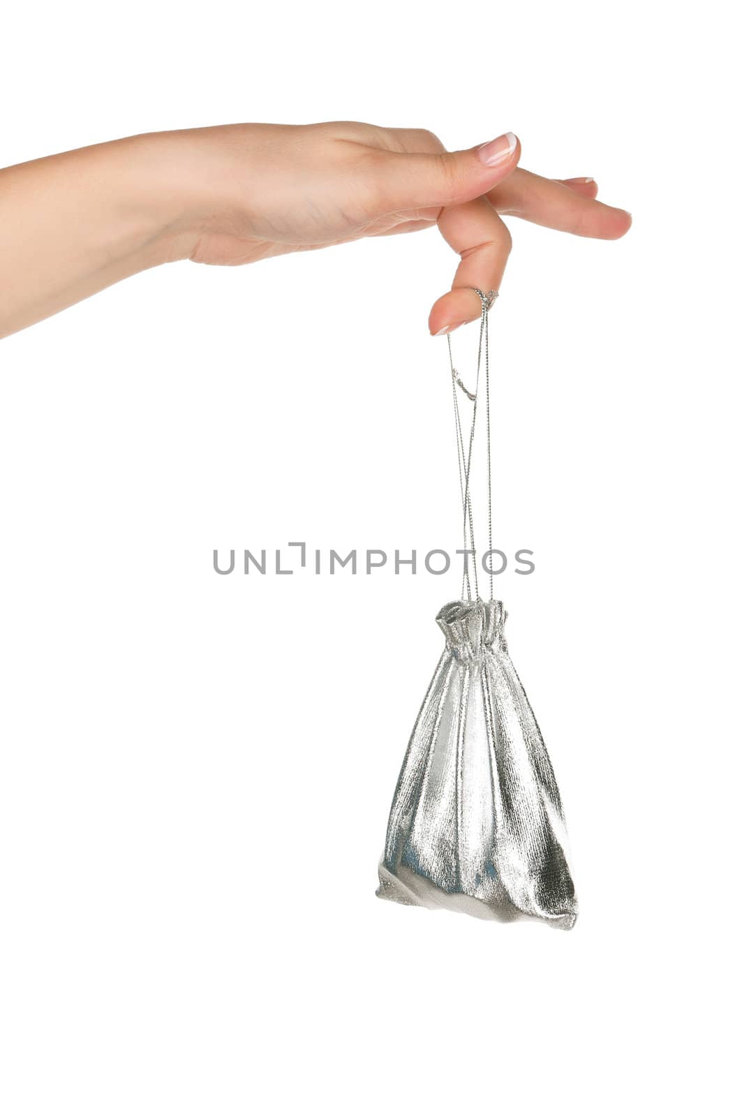 Woman hand with money bag isolated on white background