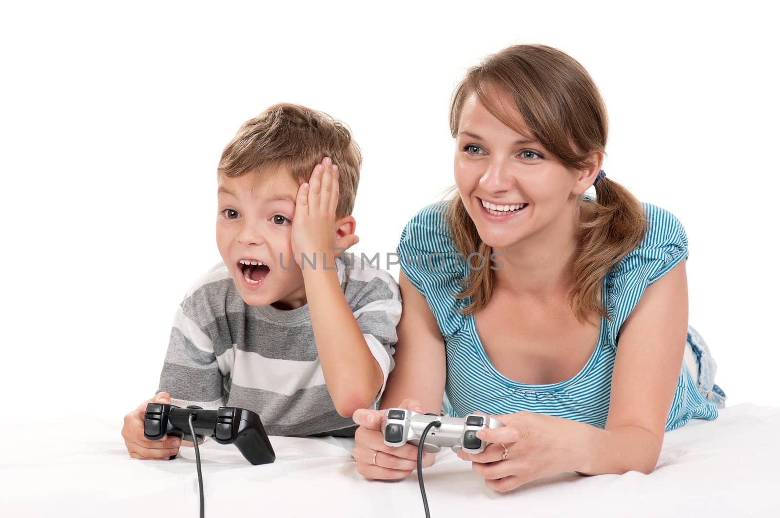 Happy family - mother and child playing a video game