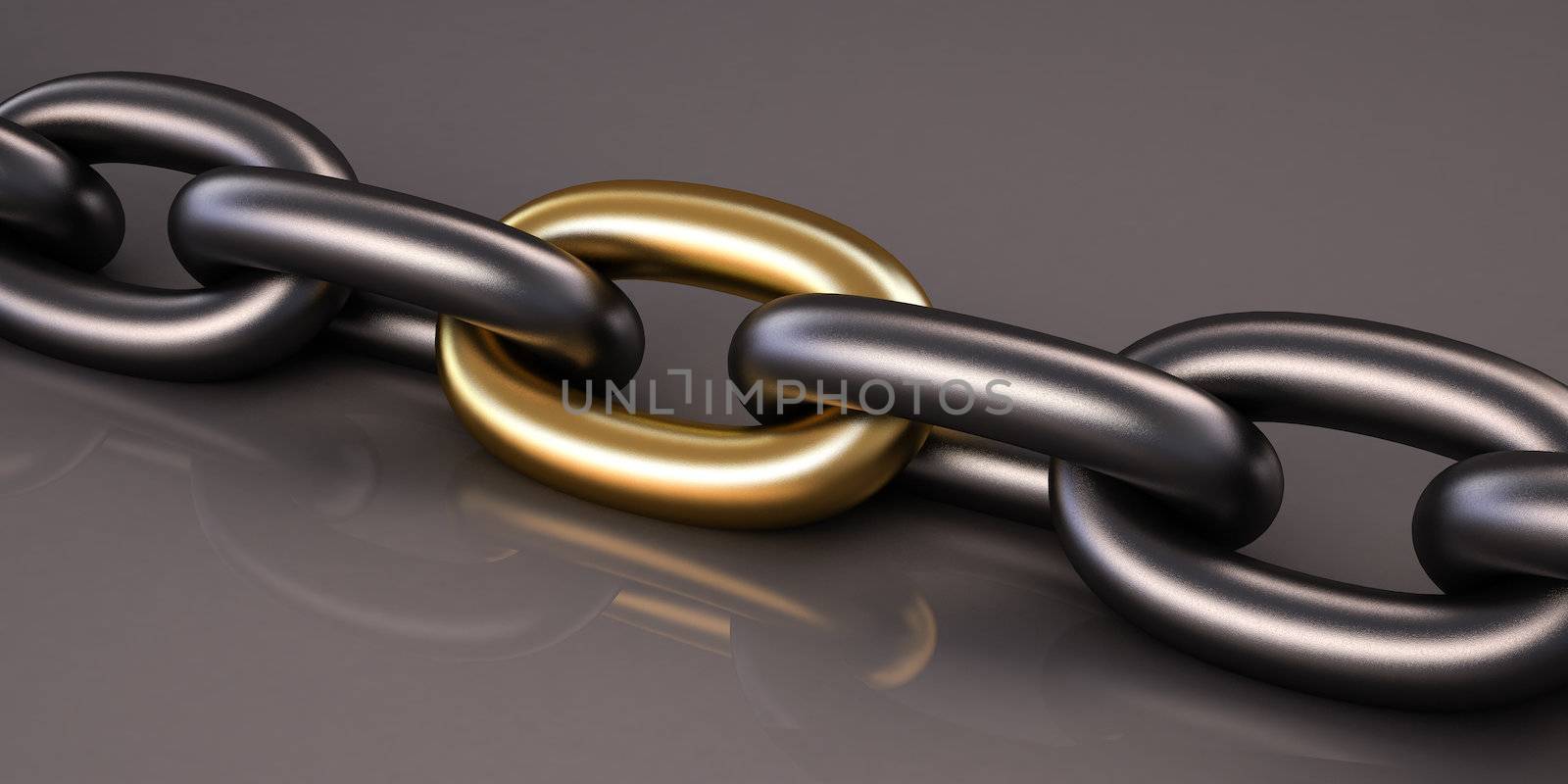 Metal chain, close-up on gray glossy background. One link in a chain of gold