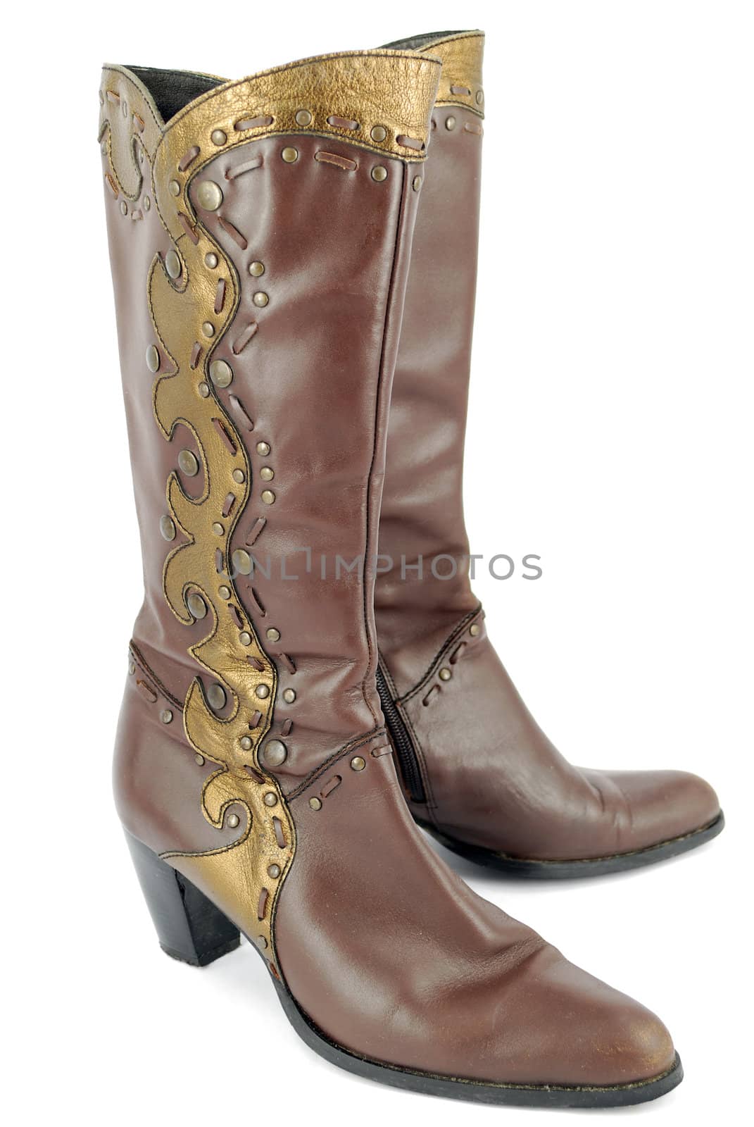 Woman red and gold tall boots