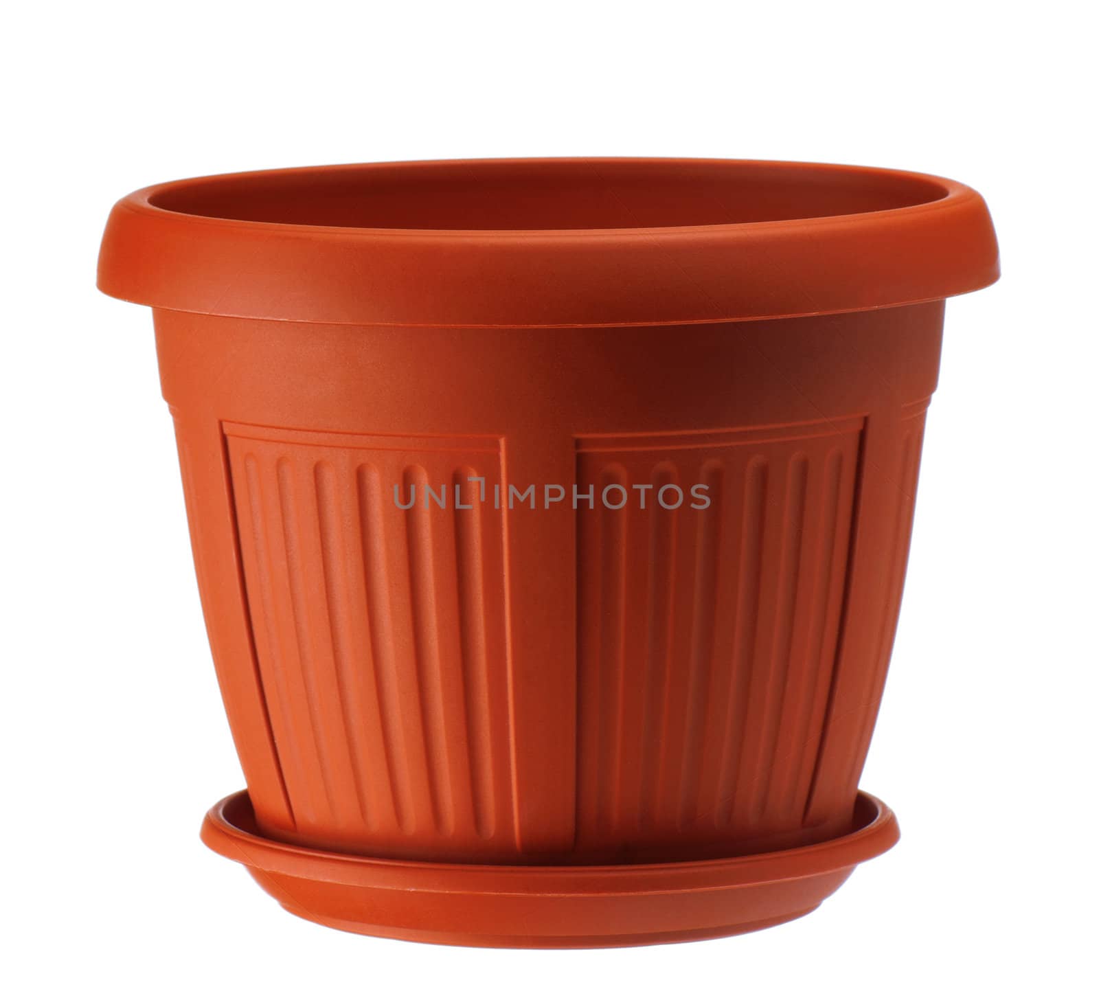 Empty garden plastic pot on a white background