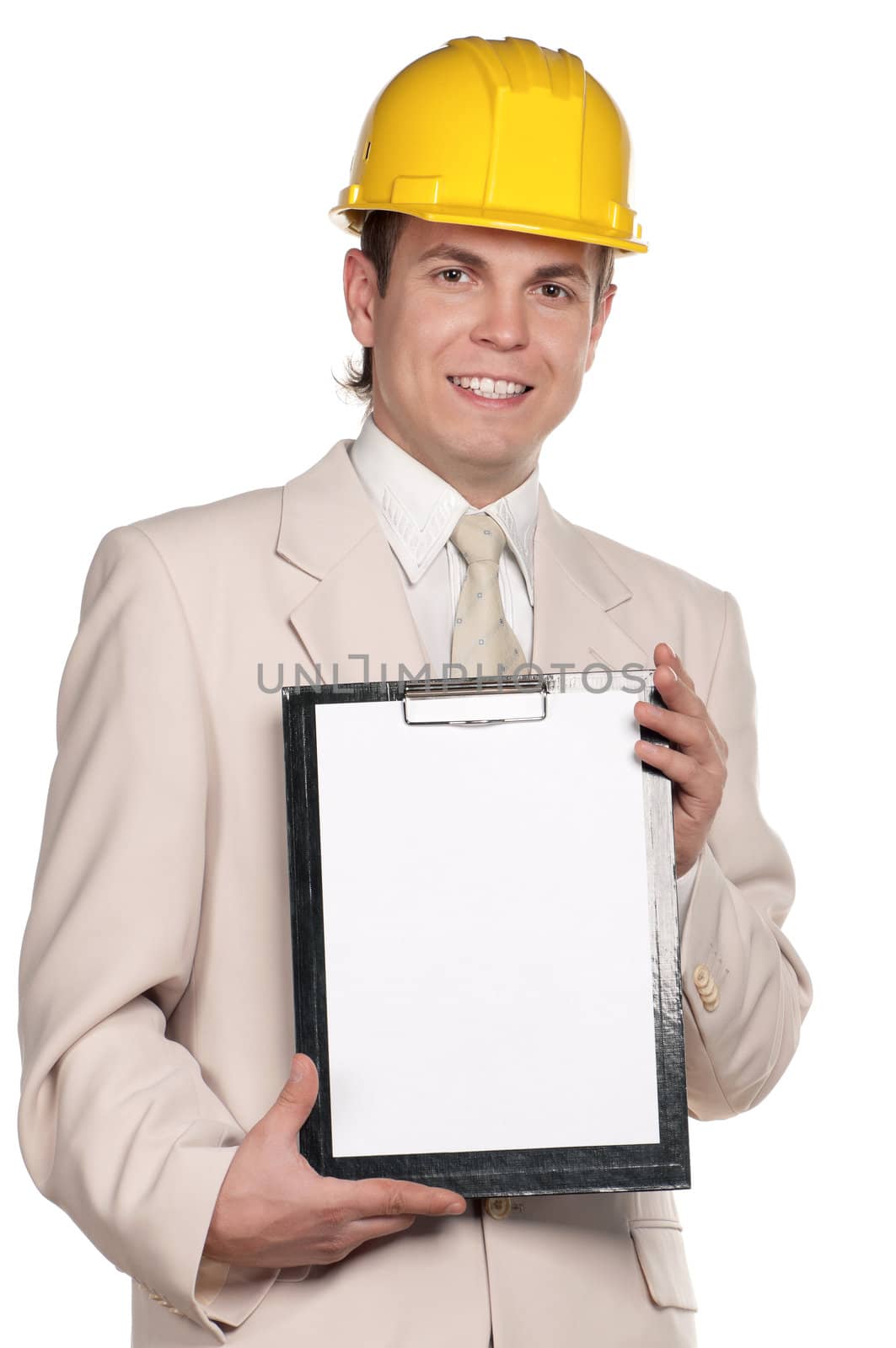 Portrait of handsome man with hard hat on white background