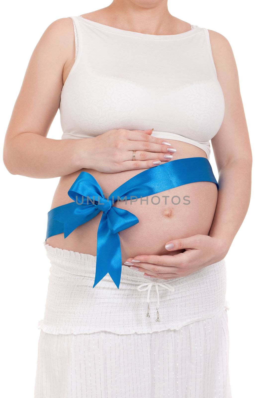 Pregnant belly with blue ribbon by fotostok_pdv