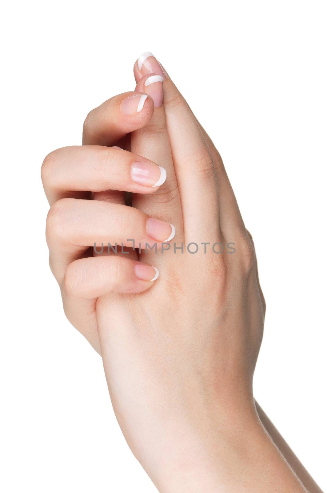 Woman hands with french manicure isolated on white background