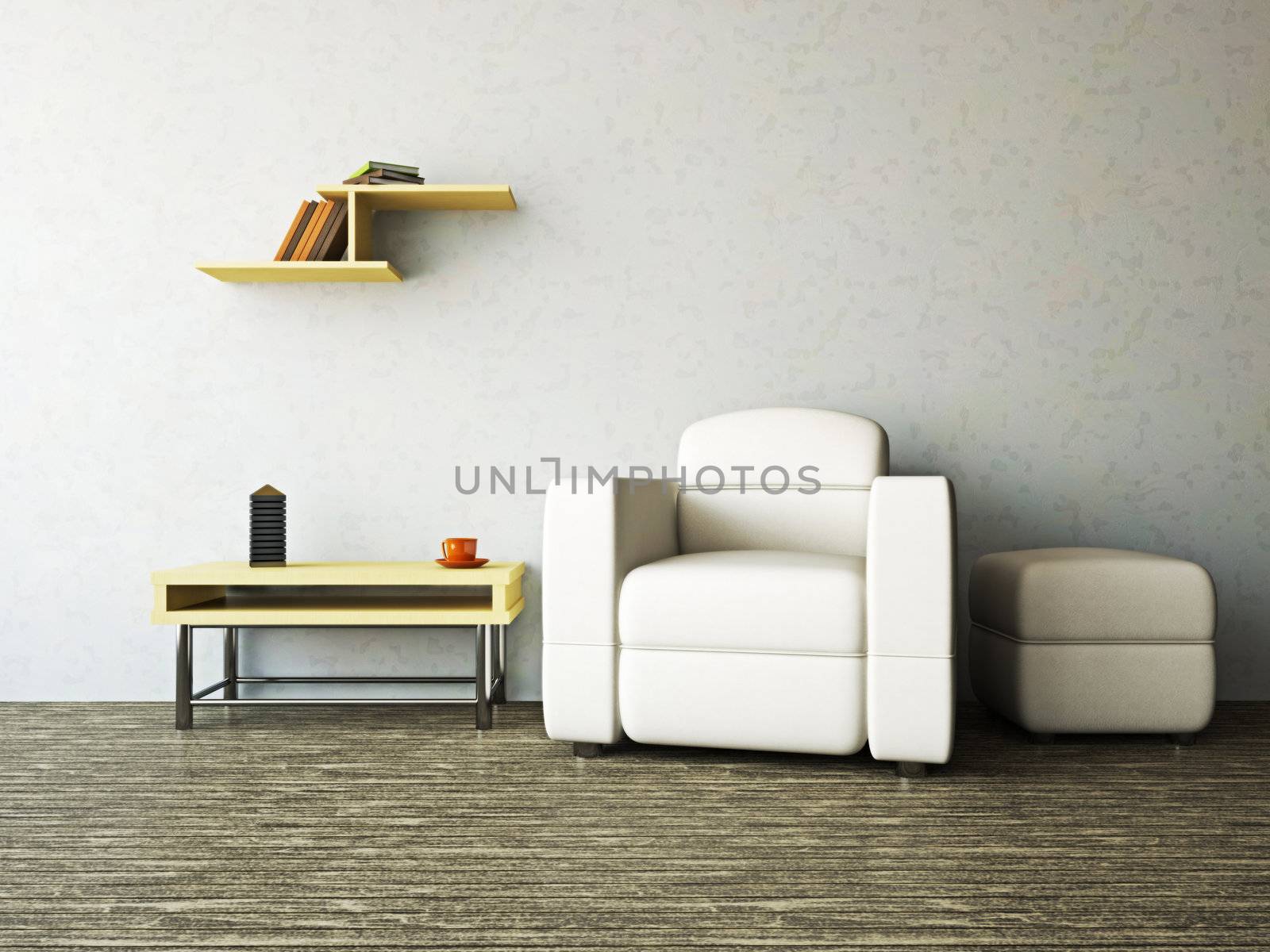 A room interior with a armchair and a table