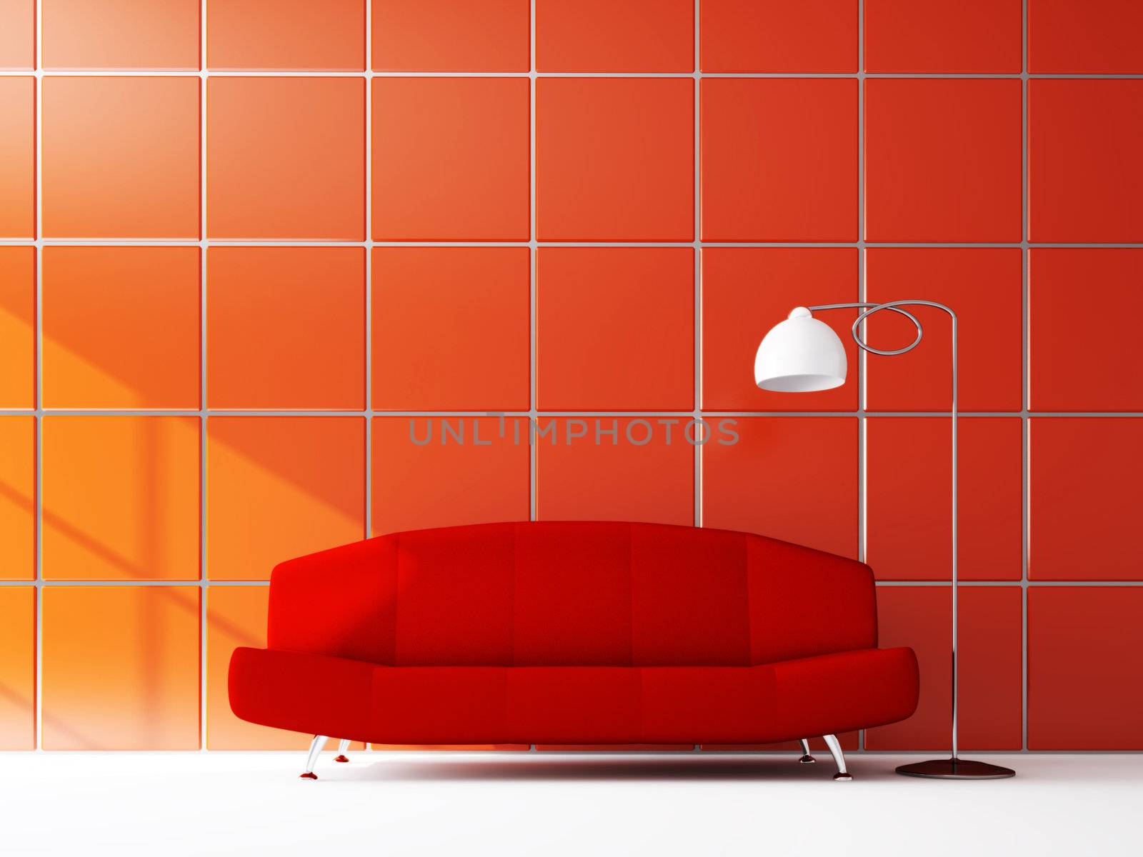 The red sofa near the red wall