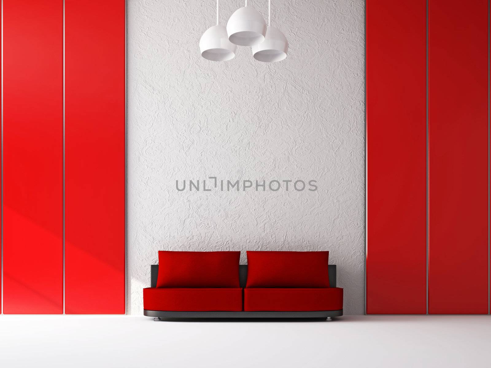 The small red sofa near the wall