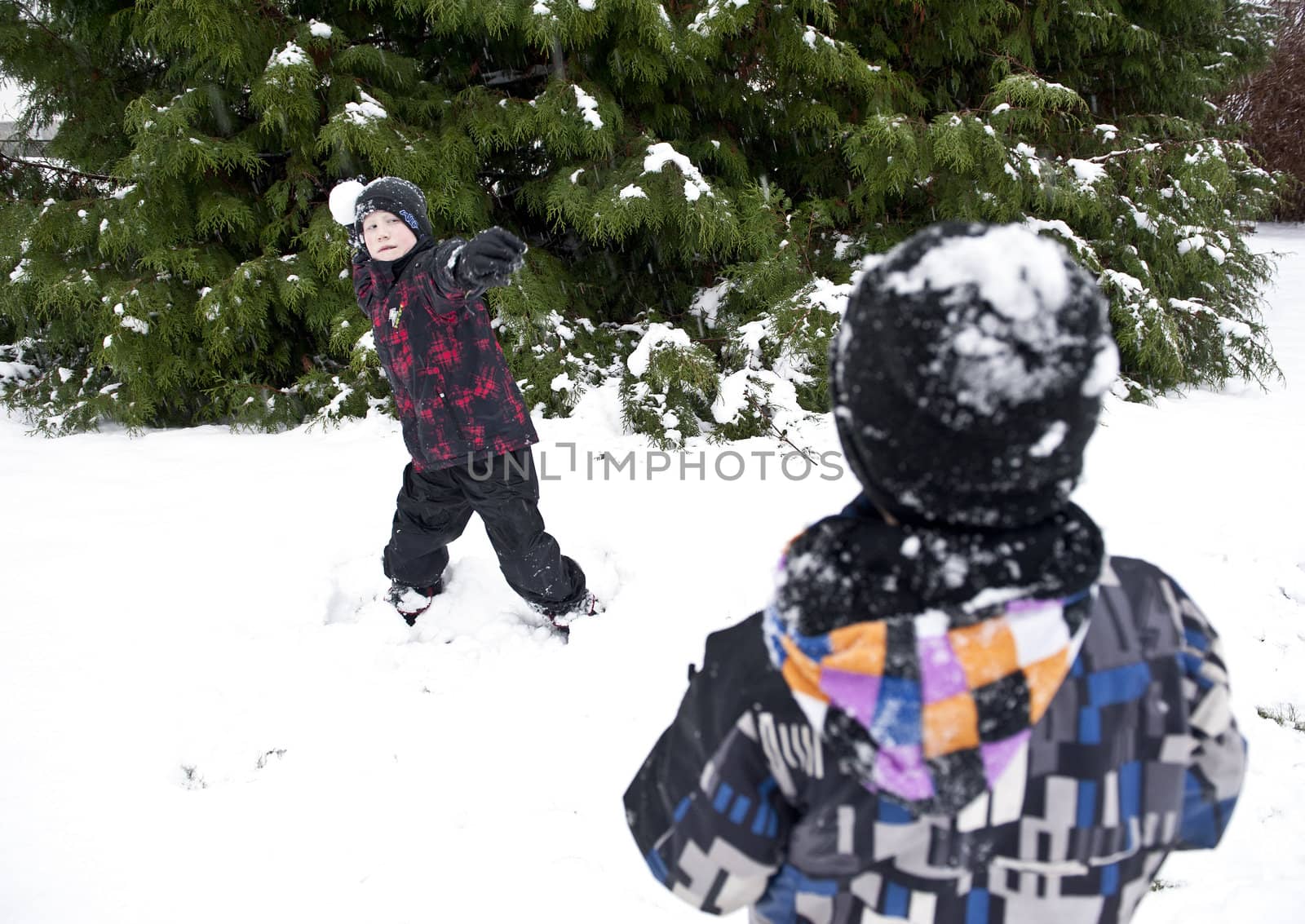 Children playing outdoors at winter time throwing snow balls at each other