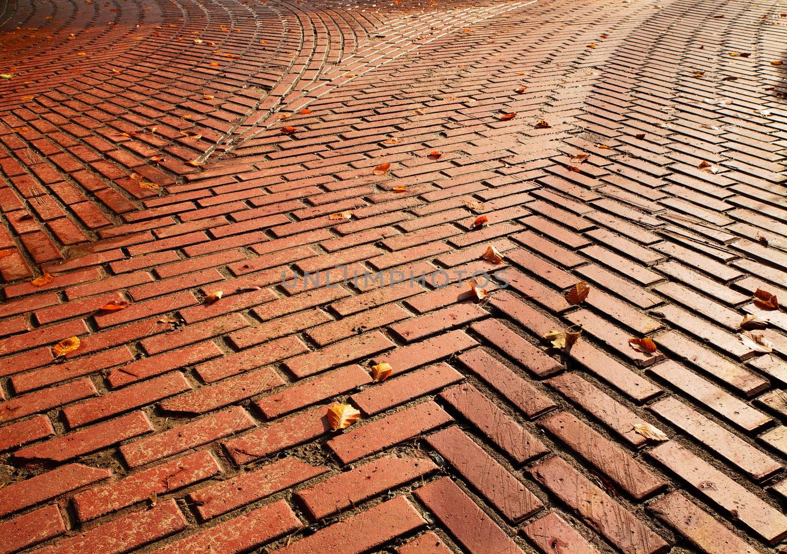 Red brick road split into two directions with herringbone pattern requiring a decision