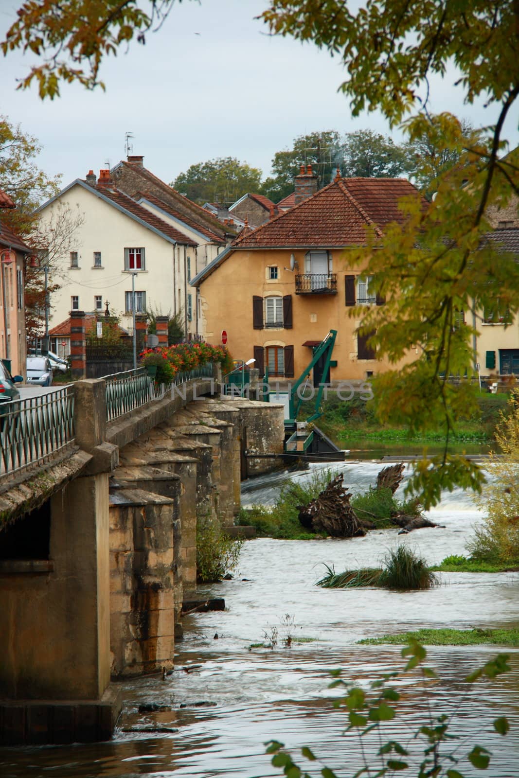 bridge ,for vehicles,to small village in France   