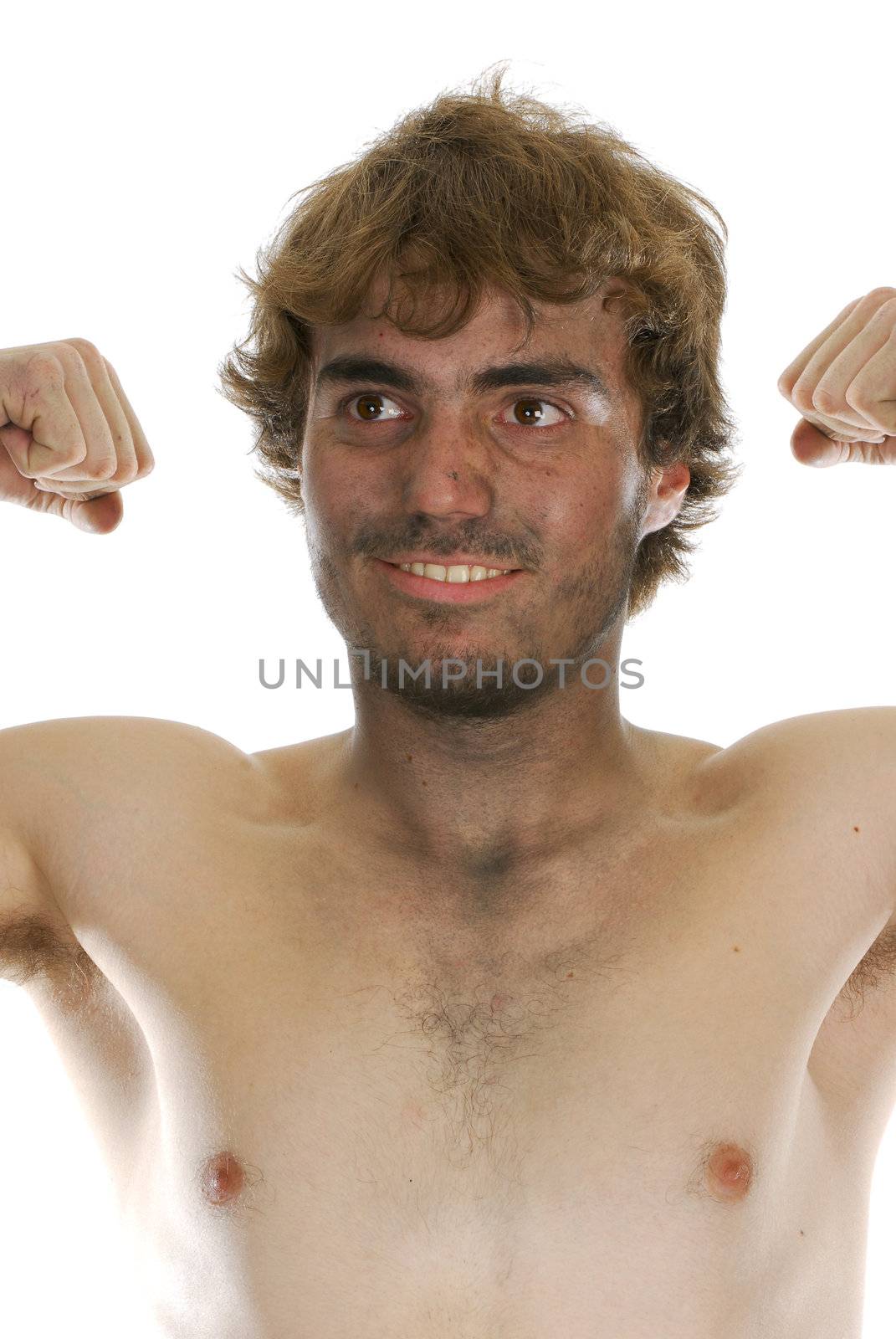 dirty man - dirty young tough man making fists on white background