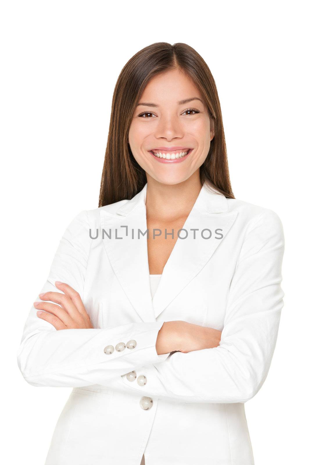 Confident smiling young Asian businesswoman in a stylish white suit standing with her arms folded isolated on white Confident smiling young Asian businesswoman in a stylish white suit standing with her arms folded isolated on white