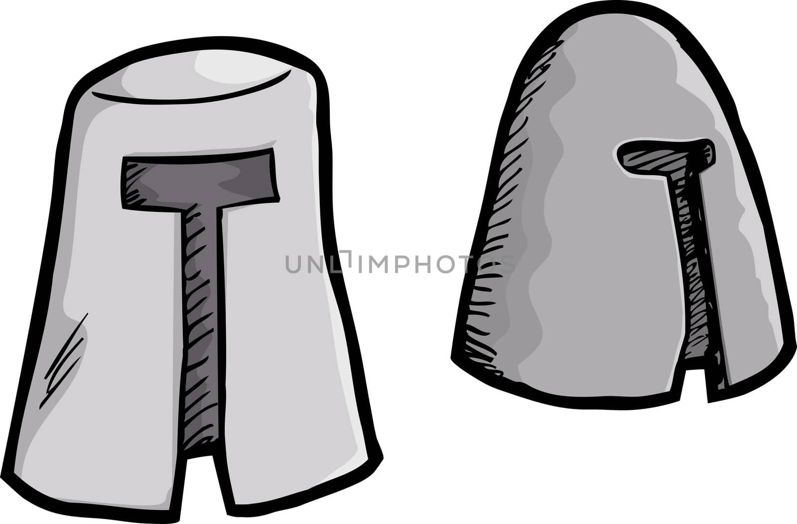 Two European medieval helmets over white background