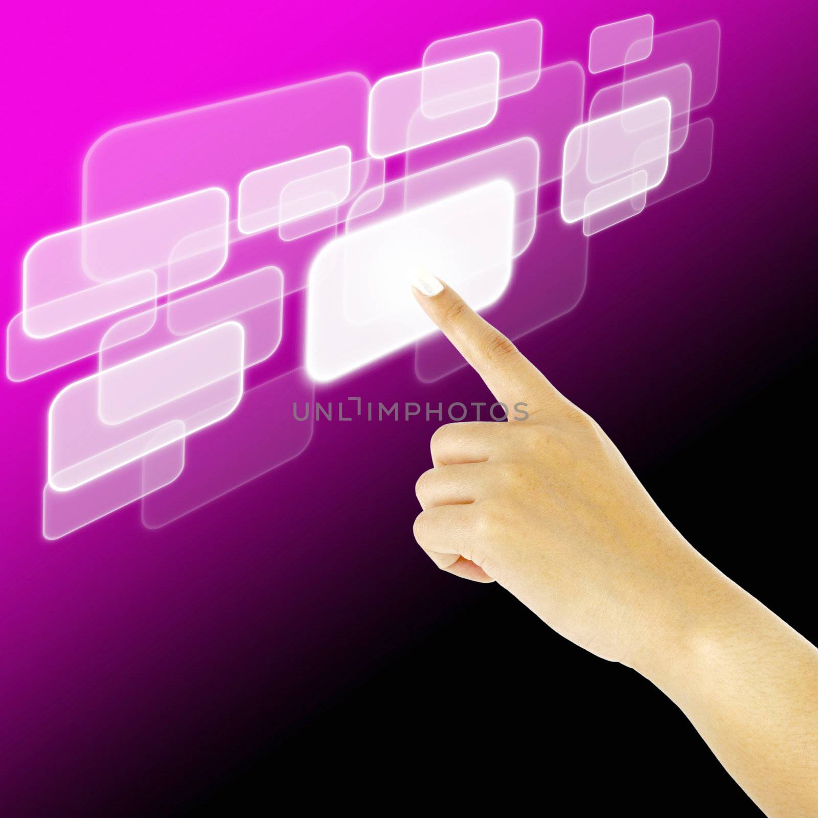 hand pushing a button on a touch screen interface by geargodz