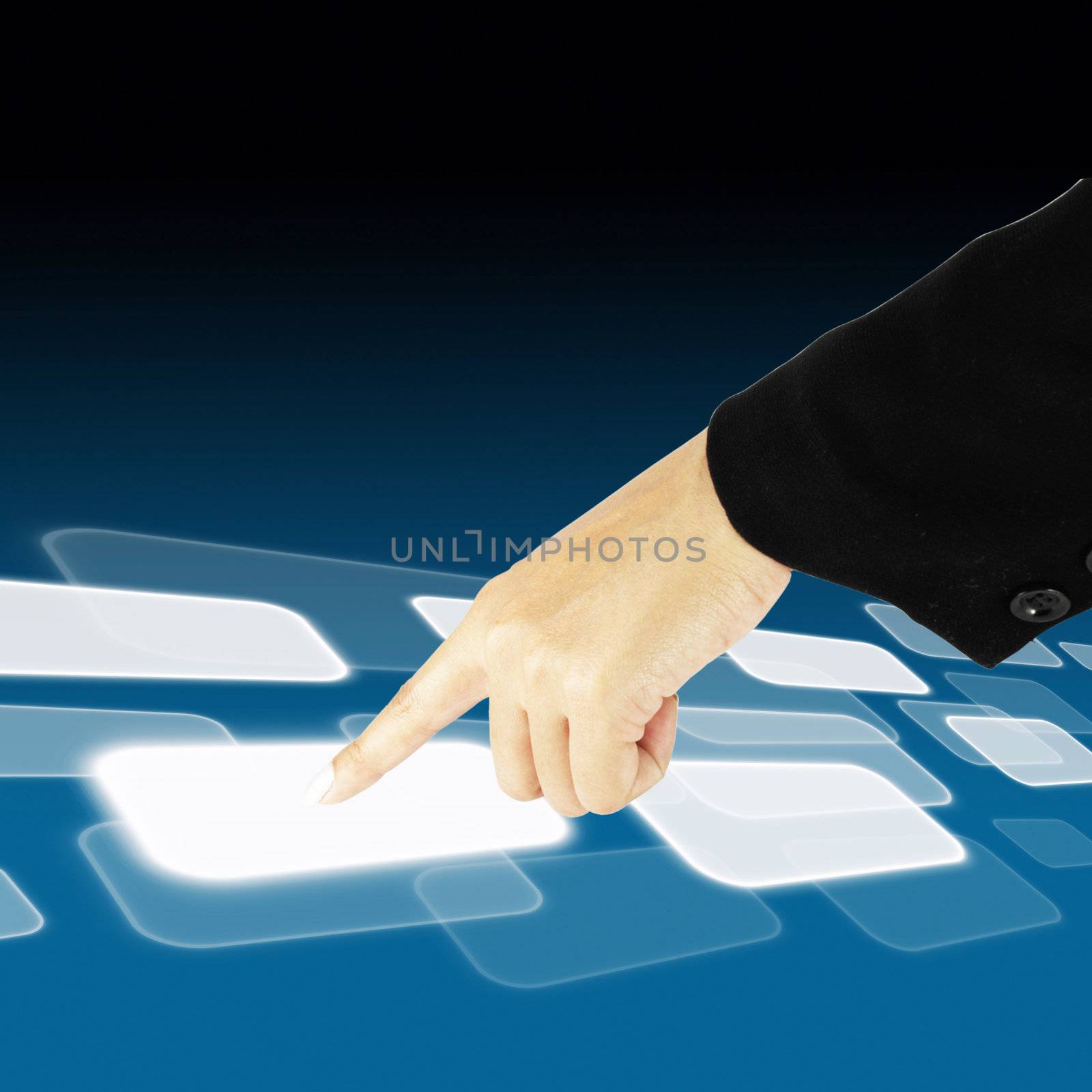 hand pushing a button on a touch screen interface