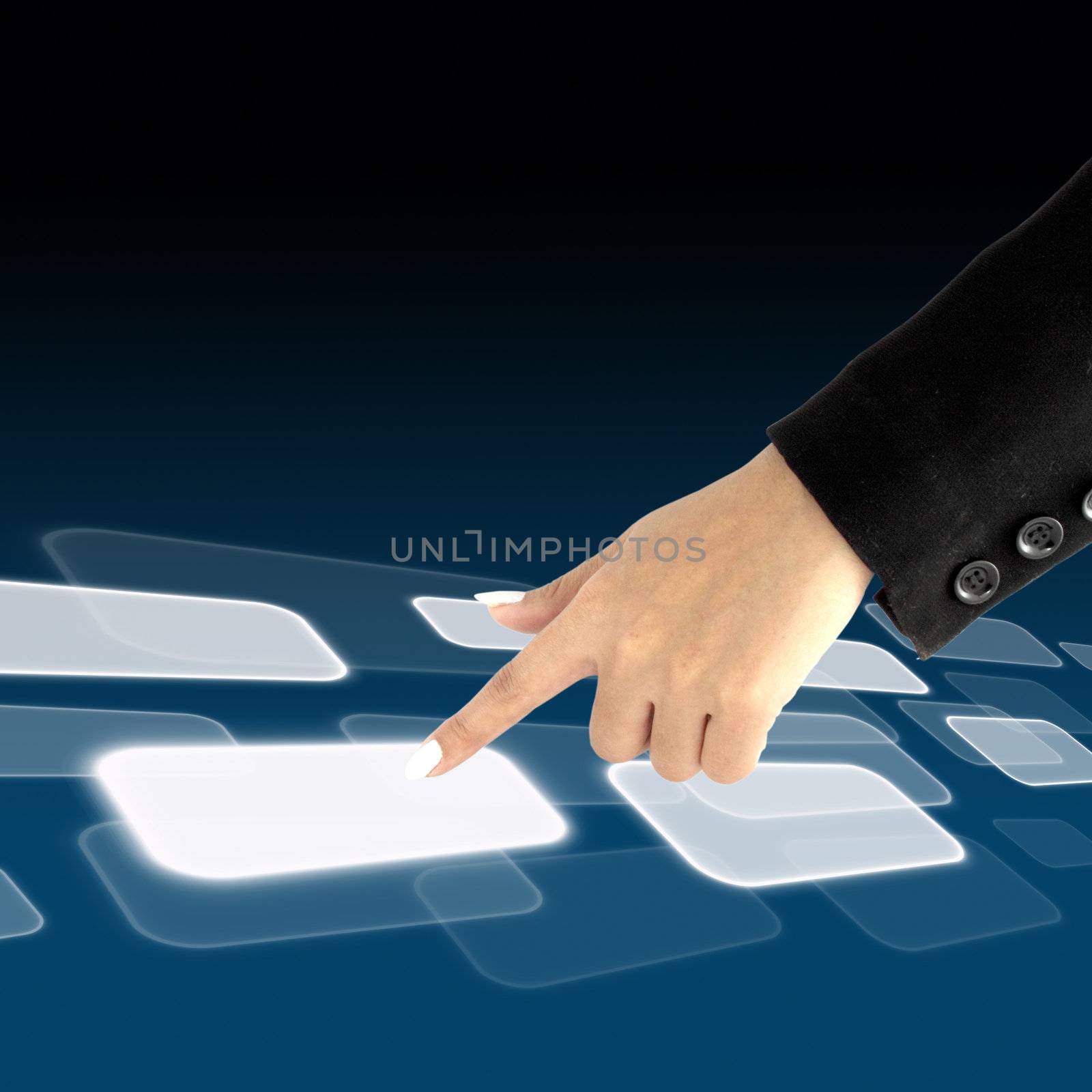 women hand pushing a button on a touch screen interface