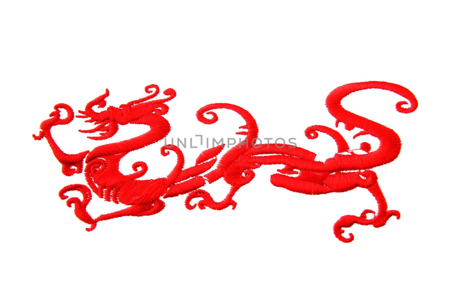 embroidery red dragon on white background